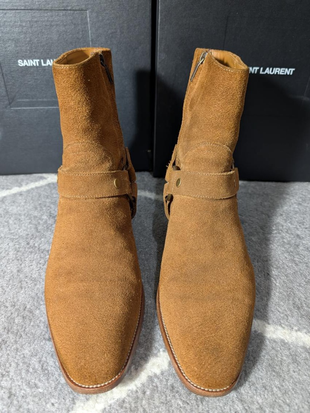 Saint Laurent Brown Suede Harness Ankle Boots